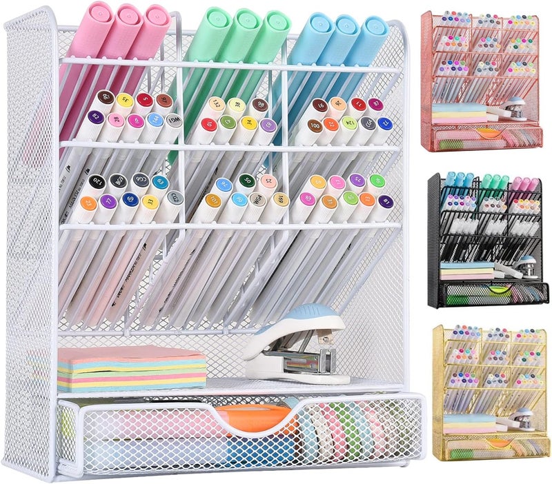 Spacrea Pen Holder Desk Organizer - Desk Organizers and Accessories, Pencil Holder with 10 Compartments and 1 Drawer（White） - Image 1
